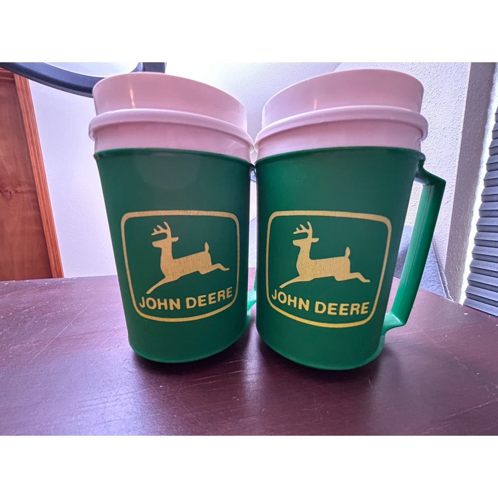 Vintage John Deere Aladdin Insulated Plastic Travel Mugs Set of 2 Green Yellow